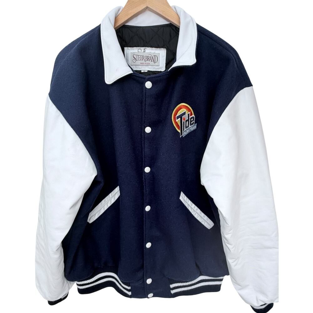 Steer Brand Tide Racing Team Varsity Jacket Mens XL Wool Leather USA Snap Front